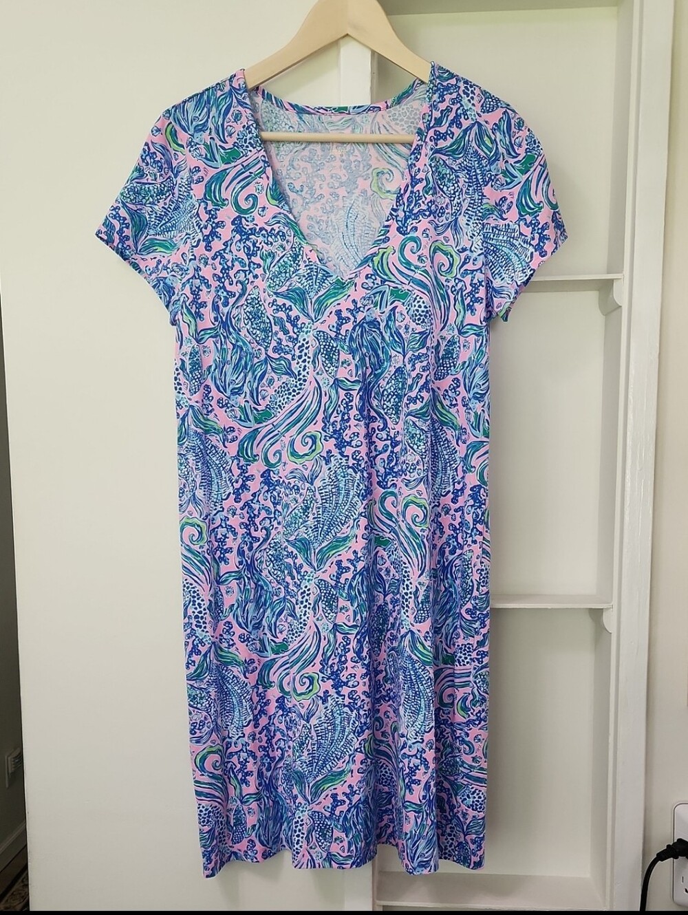 Lilly Pulitzer Etta Short Sleeve V-Neck Dress L We Mermaid It Pima Cotton Large - Picture 5 of 14